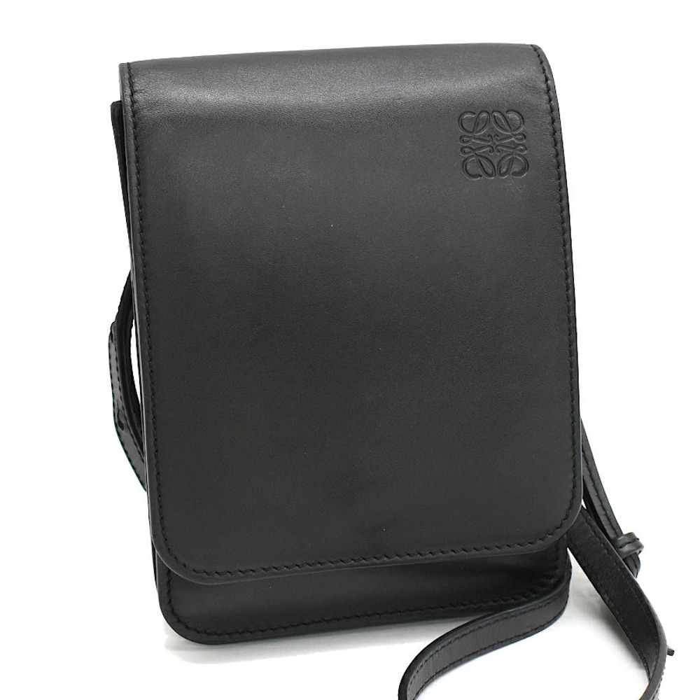 Loewe Gusset Flat Shoulder Bag Belt Pouch Clutch Anagram Leather Black